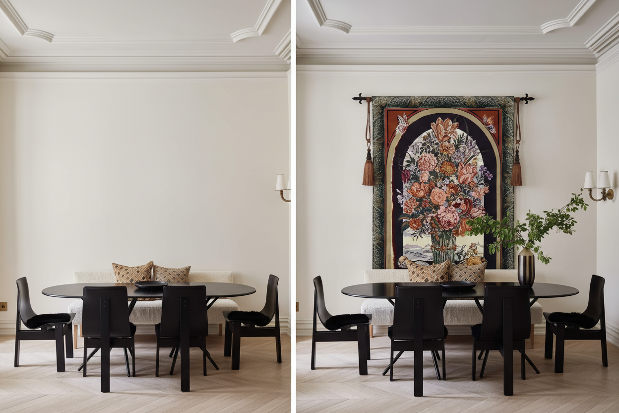 A Wall Behind the Dining Table: French Country Styling with Royal Flowers Rococo Tapestry