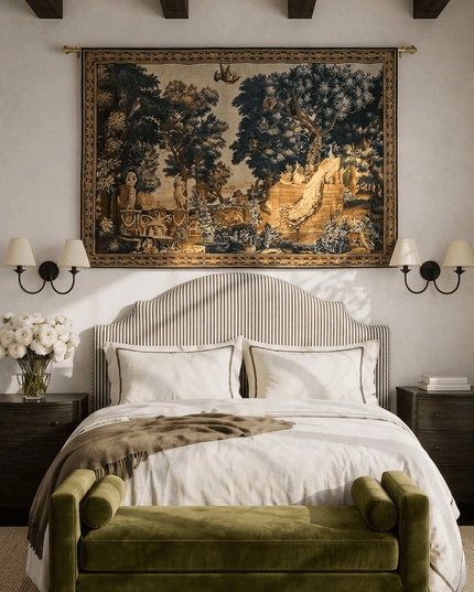 17th-Century Flemish Verdure Tapestry- Peacock & Fountain Verdure