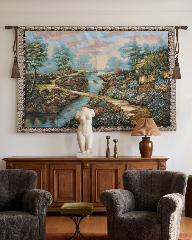 European Countryside Landscape Lake Tapestry Belgian Jacquard Tapestry Wall Hanging