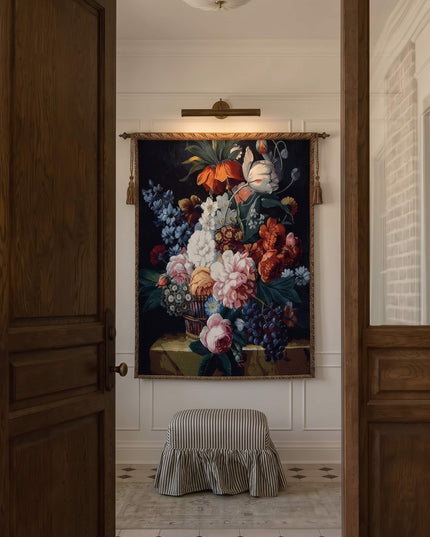 European Flowers Fruit Black Flower Grapes Vase Wall Hanging Tapestry Belgian Jacquard Tapestry Wall Hanging
