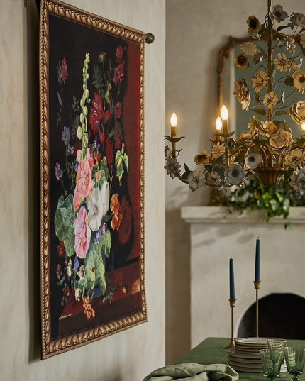 European French Hollyhocks Flowers Vase Belgian Jacquard Tapestry Wall Hanging - Red