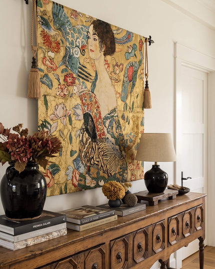 Gustav Klimt's "Lady with a Fan" Large Belgian Jacquard Tapestry Wall Hanging