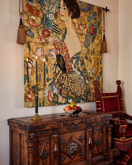 Gustav Klimt's "Lady with a Fan" Large Belgian Jacquard Tapestry Wall Hanging