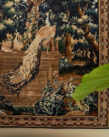 17th-Century Flemish Verdure Tapestry- Peacock & Fountain Verdure