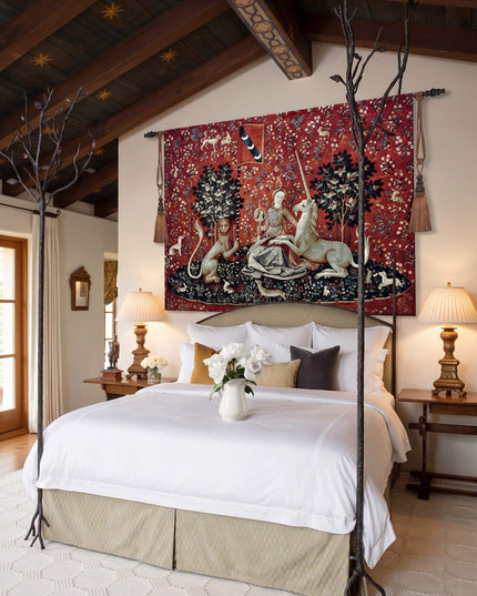 Lady and Unicorn Tapestry Medieval Belgian Jacquard Wall Hanging - The Mirror With Border