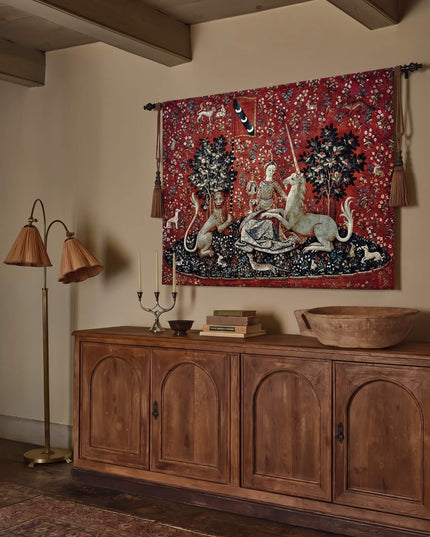 Lady and Unicorn Tapestry Medieval Belgian Jacquard Wall Hanging - The Mirror With Border