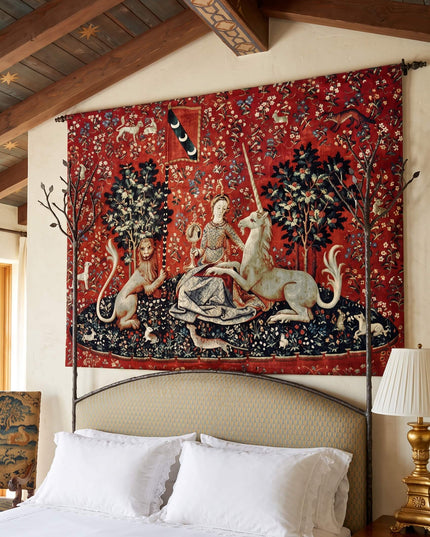 Lady and Unicorn Tapestry Medieval Belgian Jacquard Wall Hanging - The Mirror With Border