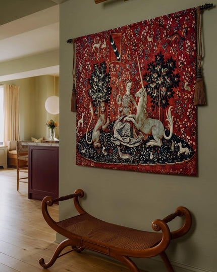 Lady and Unicorn Tapestry Medieval Belgian Jacquard Wall Hanging - The Mirror With Border