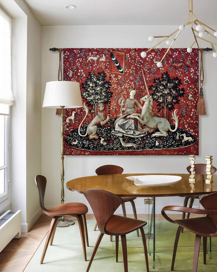 Lady and Unicorn Tapestry Medieval Belgian Jacquard Wall Hanging - The Mirror With Border