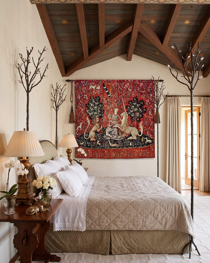 Lady and Unicorn Tapestry Medieval Belgian Jacquard Wall Hanging - The Mirror With Border