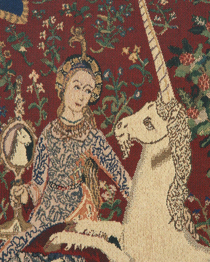 Lady and Unicorn Tapestry Medieval Belgian Jacquard Wall Hanging - The Mirror With Border