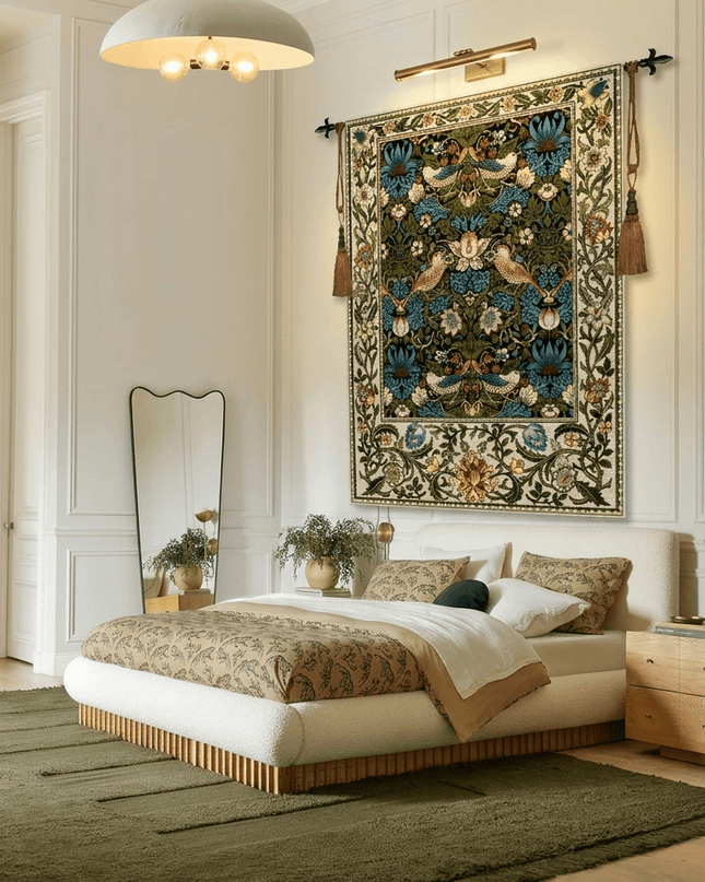 Strawberry Thief William Morris Medieval Belgium Jacquard Tapestry Wall Hanging - Blue
