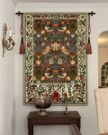 Strawberry Thief William Morris Medieval Belgium Jacquard Tapestry Wall Hanging - Red