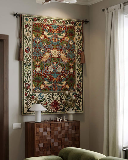 Strawberry Thief William Morris Medieval Belgium Jacquard Tapestry Wall Hanging - Red