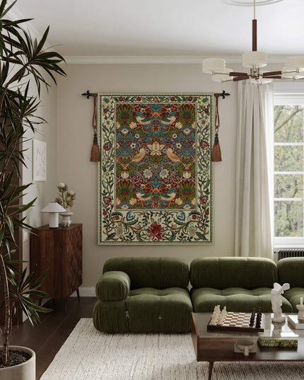 Strawberry Thief William Morris Medieval Belgium Jacquard Tapestry Wall Hanging - Red
