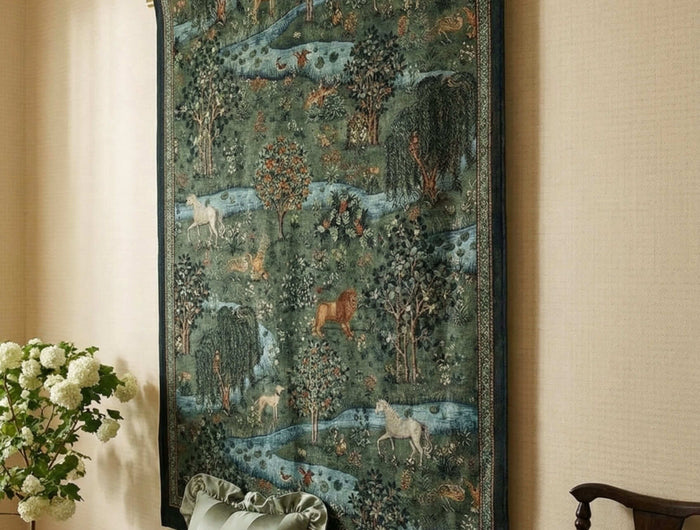 William Morris Owl & Willow Landscape Woven Tapestry Wall Hanging - Horse & Lion