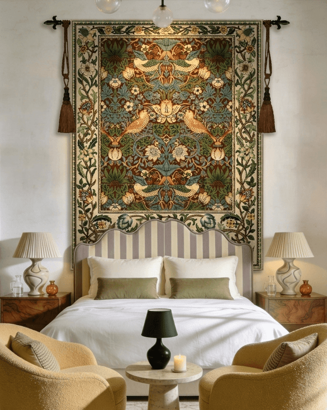 William Morris Strawberry Thief Medieval Belgium Jacquard Tapestry Wall Hanging - Coffee