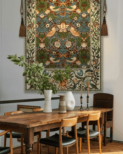 William Morris Strawberry Thief Medieval Belgium Jacquard Tapestry Wall Hanging - Coffee