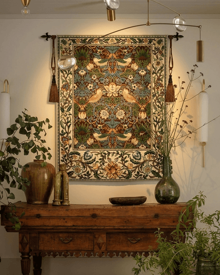 William Morris Strawberry Thief Medieval Belgium Jacquard Tapestry Wall Hanging - Coffee