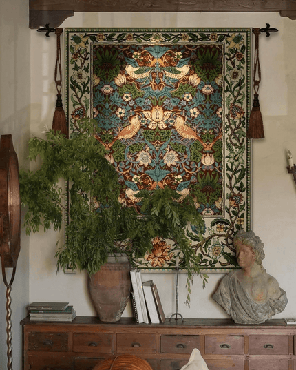 William Morris Strawberry Thief Medieval Belgium Jacquard Tapestry Wall Hanging - Coffee