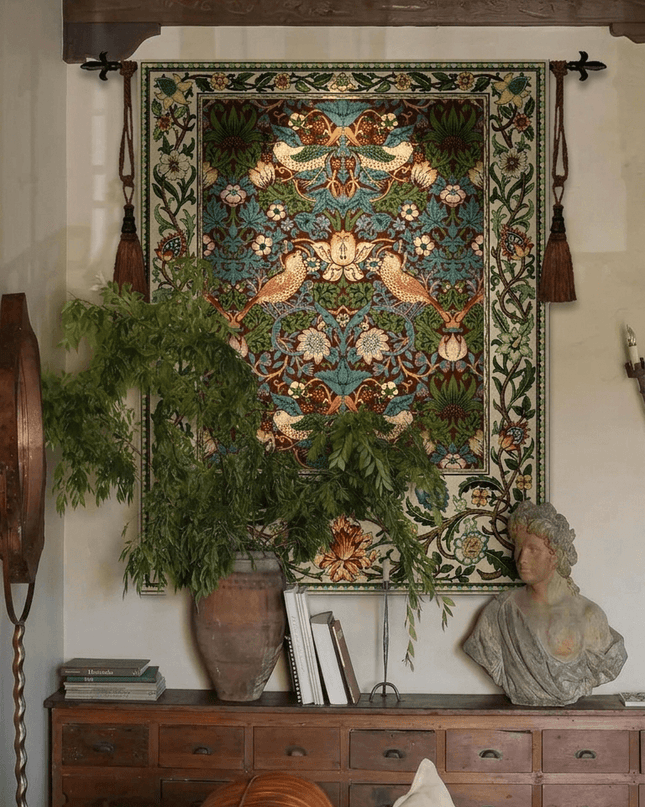 William Morris Strawberry Thief Medieval Belgium Jacquard Tapestry Wall Hanging - Coffee