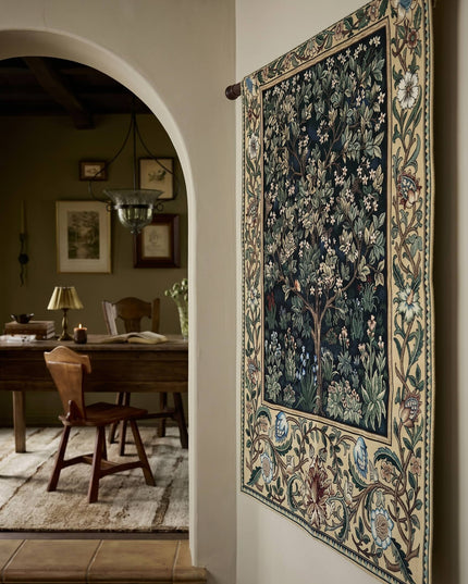William Morris Tree of Life Medieval  Belgium Jacquard Tapestry Wall Hanging - Blue Floral