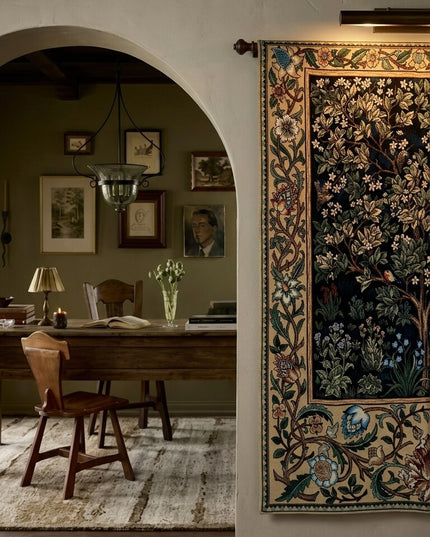 William Morris Tree of Life Medieval  Belgium Jacquard Tapestry Wall Hanging - Blue Floral