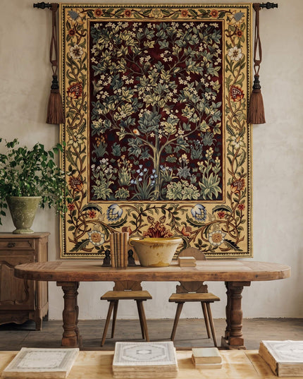 William Morris Tree of Life Medieval  Belgium Jacquard Tapestry Wall Hanging - Ruby Red