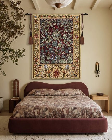 William Morris Tree of Life Medieval  Belgium Jacquard Tapestry Wall Hanging - Ruby Red