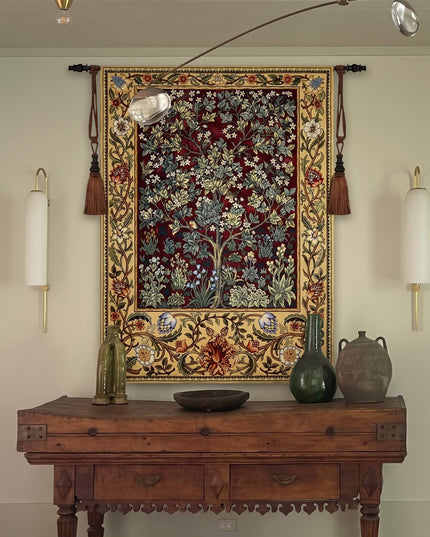William Morris Tree of Life Medieval  Belgium Jacquard Tapestry Wall Hanging - Ruby Red