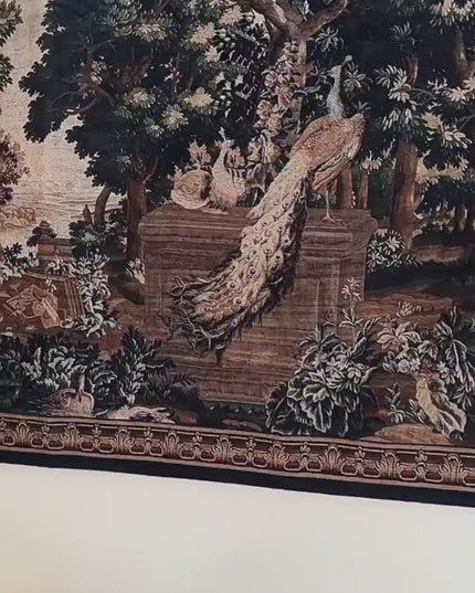 17th-Century Flemish Verdure Tapestry- Peacock & Fountain Verdure wall decor